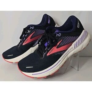 Women's Size 8 Brooks Adrenaline GTS 22 in a black, purple, and coral